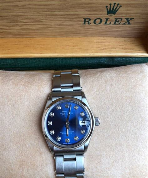 rolex oysterdate precision 6466 con box, quadrante datejust blu 